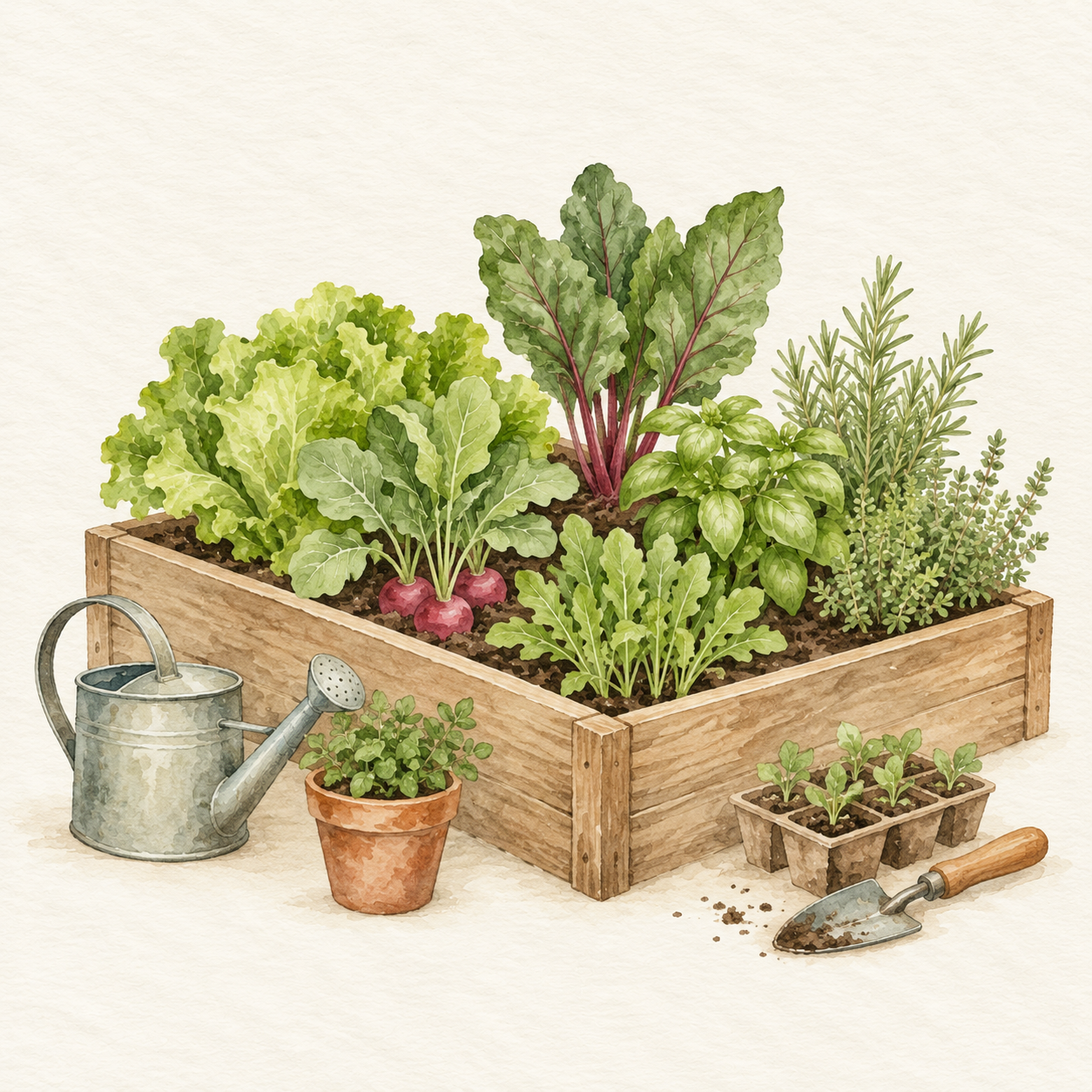 Acuarela de un bancal con hortalizas, hierbas, plantines y herramientas