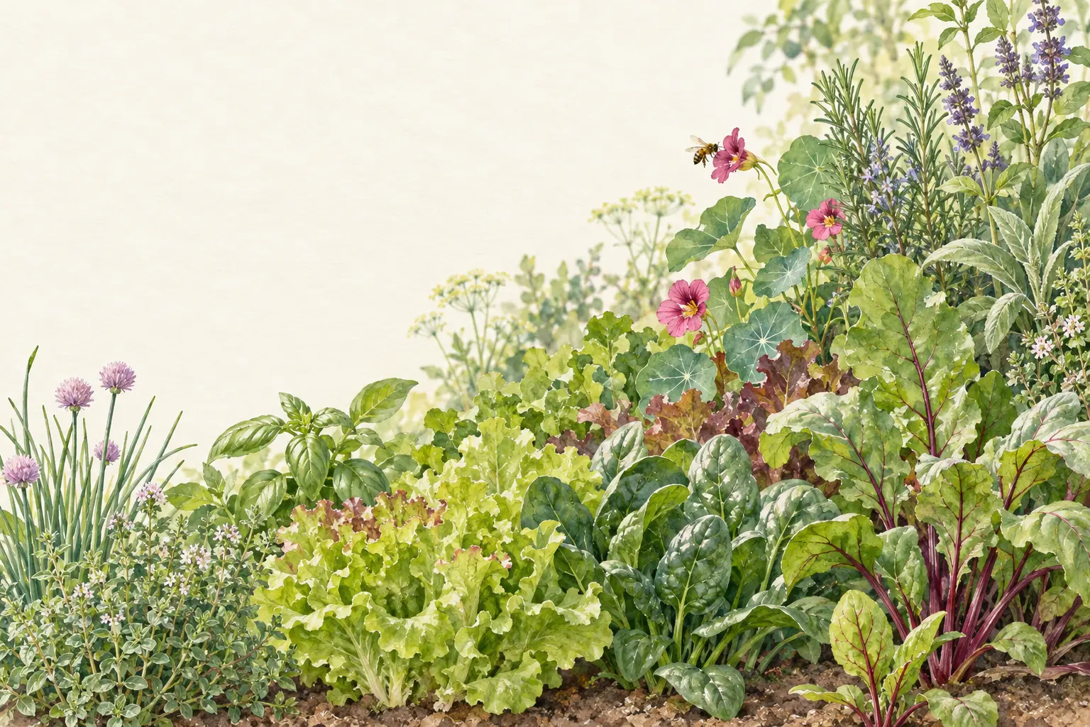 Huerta-jardín acuarelada con hortalizas, aromáticas, flores y una abeja.
